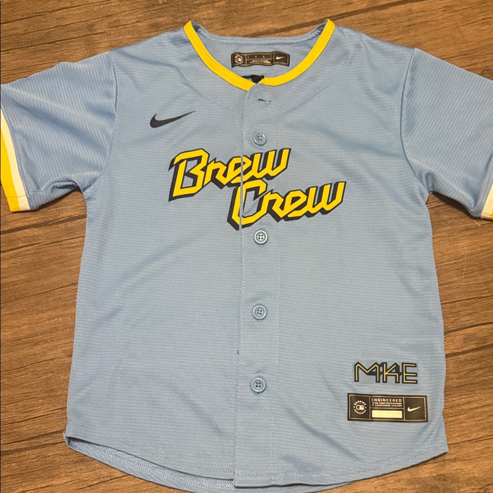 Nike Light Blue & Yellow 'Brew Crew' Kids Button-Up Baseball Jersey